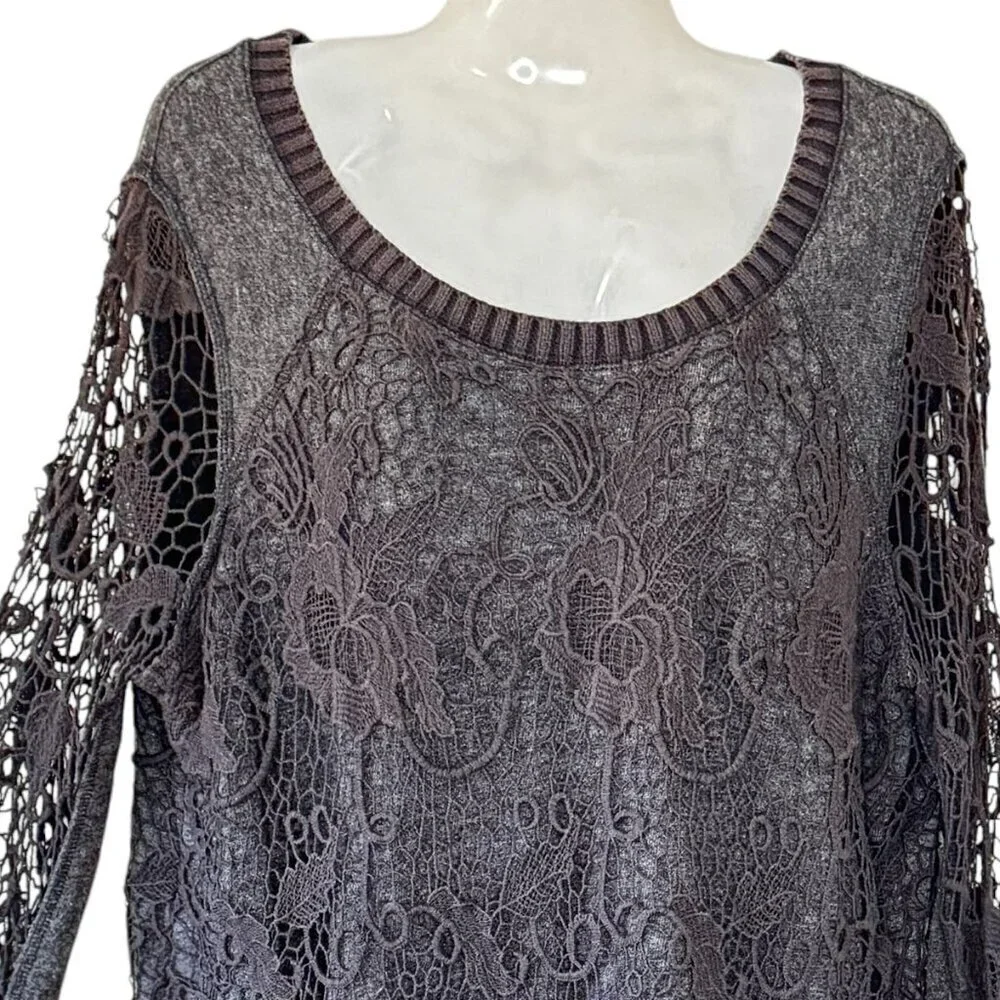 Free People Pretty Rad Sweater Graphite Black Round Neck Crochet Lace Goth Med
